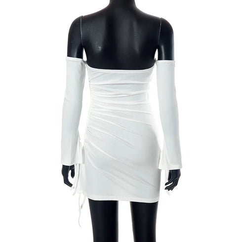 Sexy Off Shoulder Long Sleeve Pleated Tight Fit Dress for Women Party Club Evening